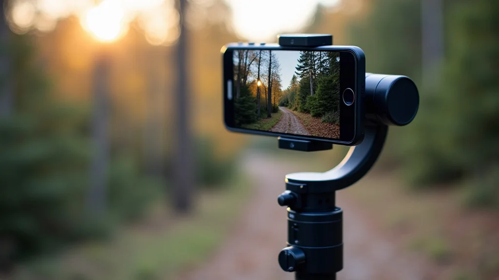 The image shows a person holding a smartphone gimbal, demonstrating smooth filming techniques.